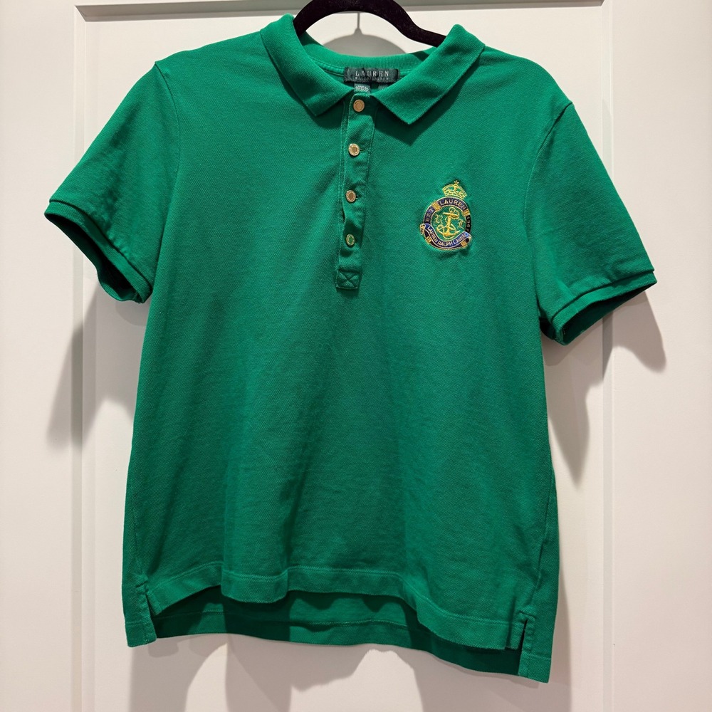 Preppy Old Money Lauren Ralph Lauren Crest Polo Shirt L Green Gold